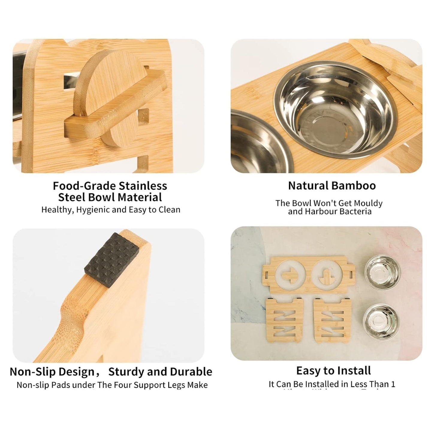 Gamelles Surélevées pour Chiens & Chats – Support en Bois Réglable avec 2 Bols Inox