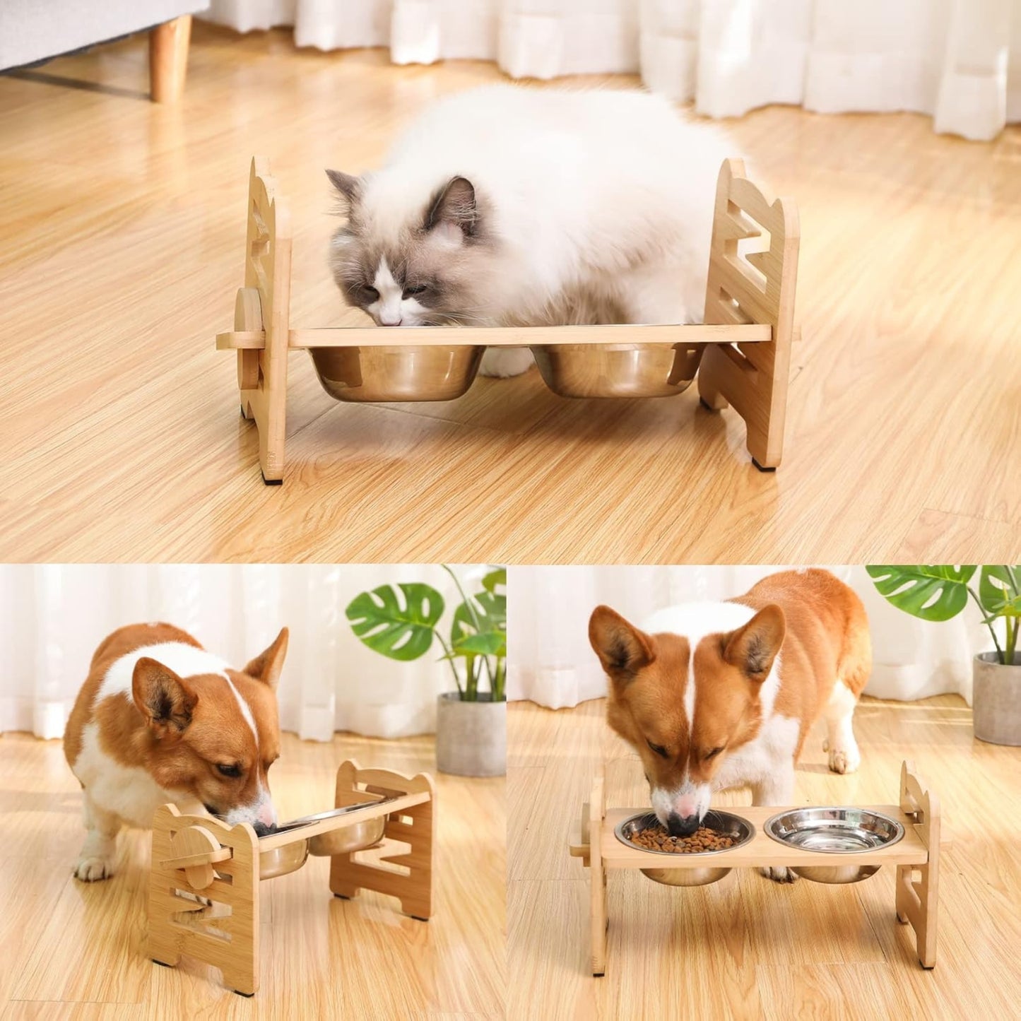 Gamelles Surélevées pour Chiens & Chats – Support en Bois Réglable avec 2 Bols Inox