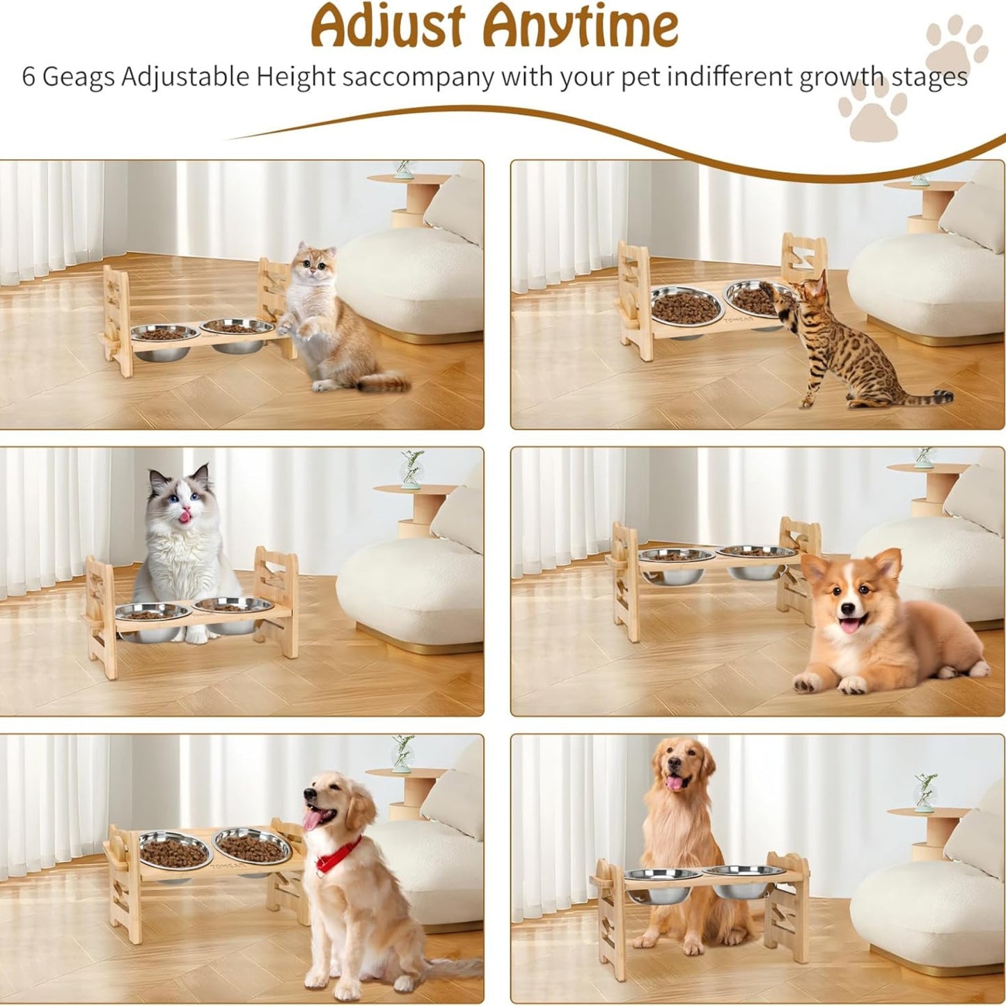 Gamelles Surélevées pour Chiens & Chats – Support en Bois Réglable avec 2 Bols Inox