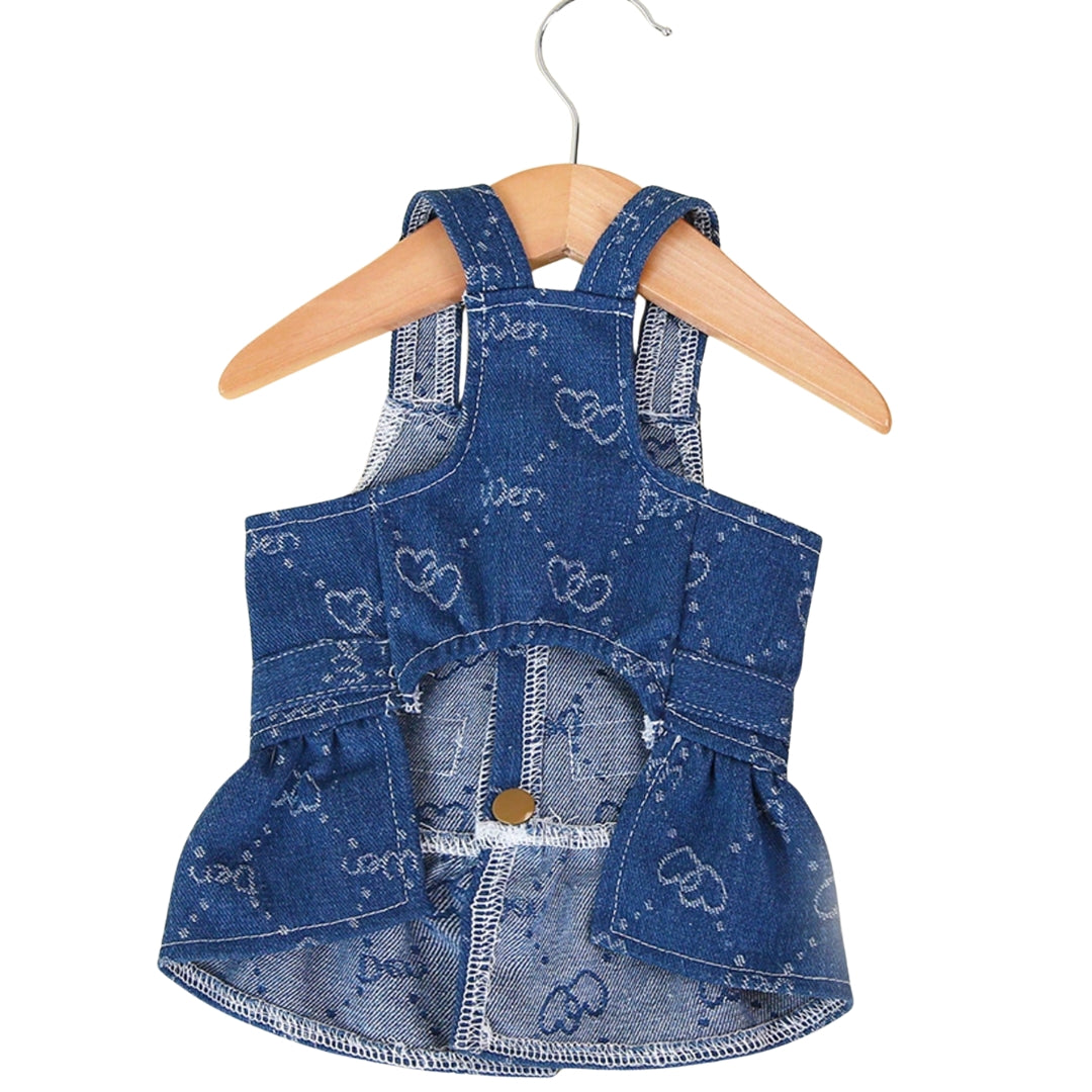 Dog Denim Dress – Heart Print Summer Outfit with Leash Attachment