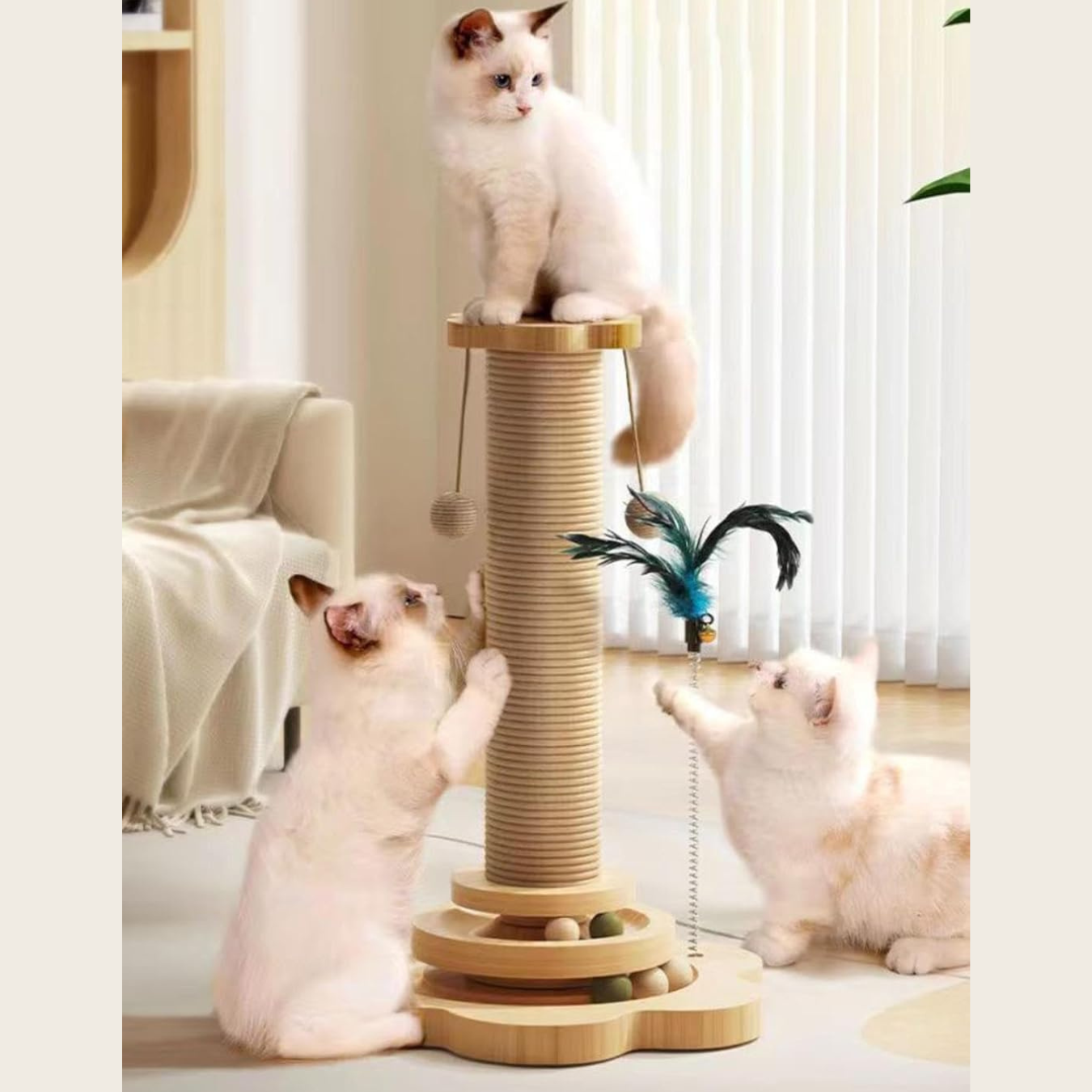 Jouet pour chat en bois avec griffoir en sisal et plateau tournant