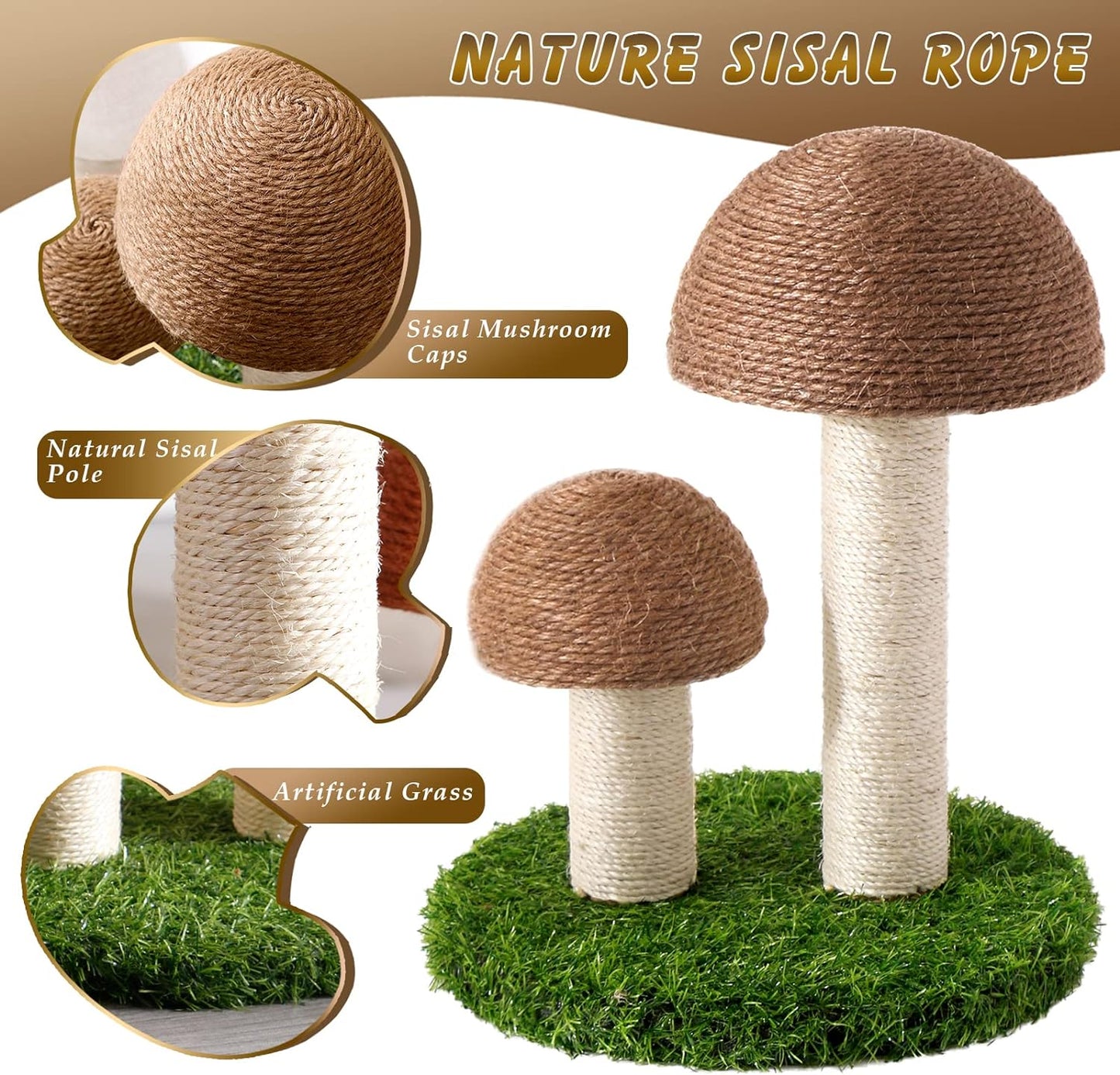 Arbre à chat en sisal naturel avec un adorable motif de champignon