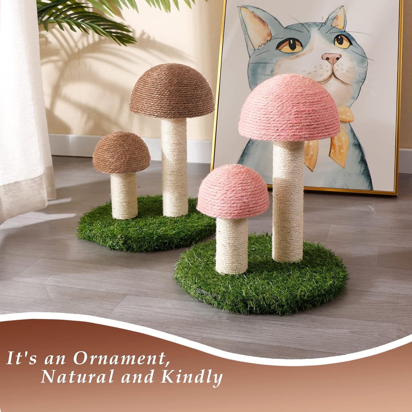 Arbre à chat en sisal naturel avec un adorable motif de champignon