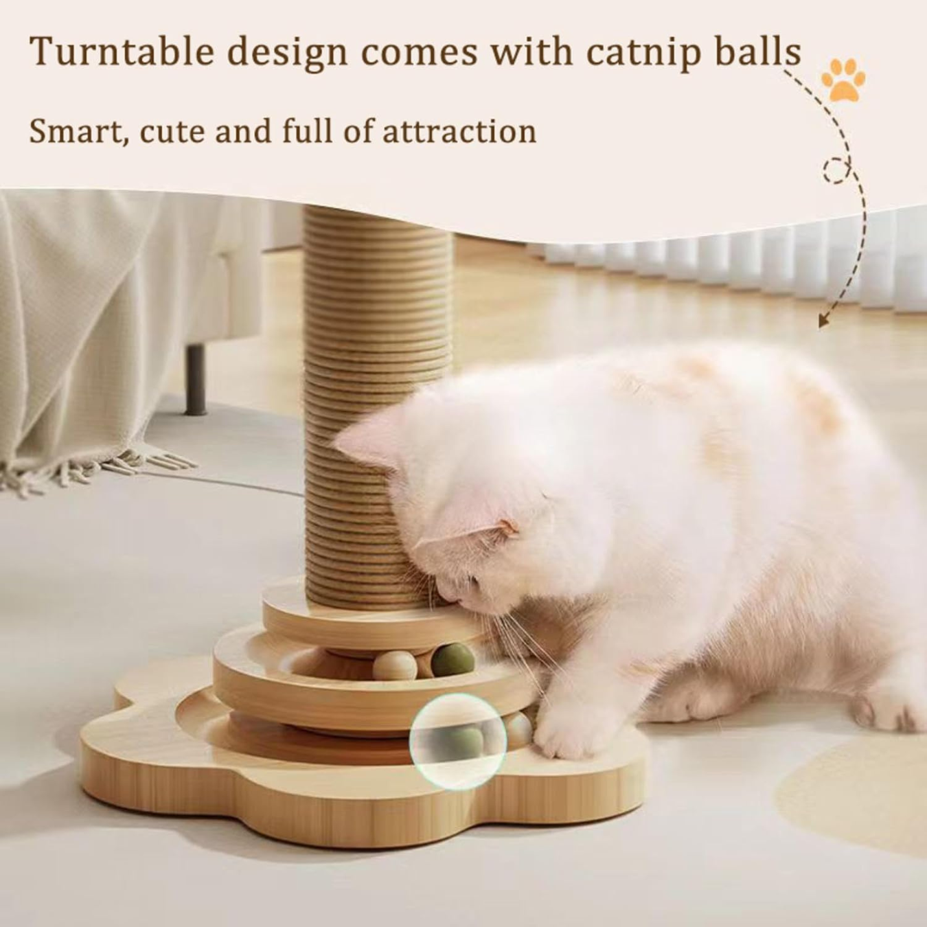 Jouet pour chat en bois avec griffoir en sisal et plateau tournant