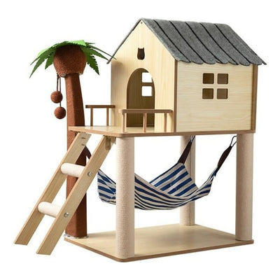 Wooden Cat Tree with House, Hammock & Sisal Scratching Post