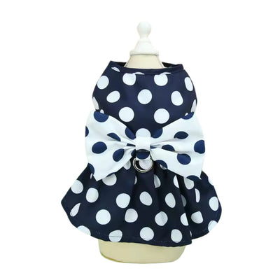 Polka Dot Dog Dress with Harness – Bow Summer Outfit for Small Dogs