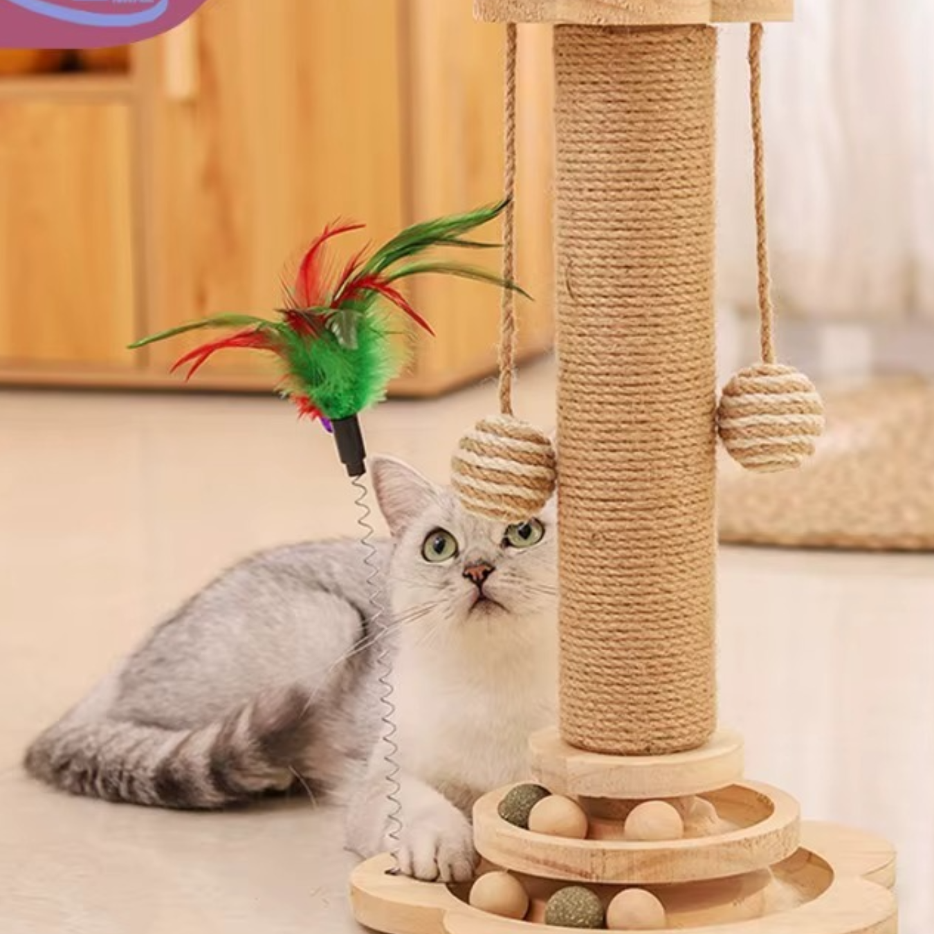 Jouet pour chat en bois avec griffoir en sisal et plateau tournant