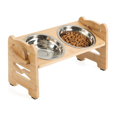 Gamelles Surélevées pour Chiens & Chats – Support en Bois Réglable avec 2 Bols Inox
