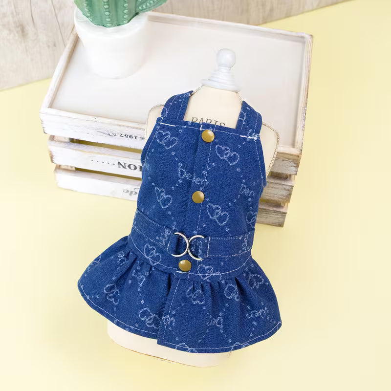 Dog Denim Dress – Heart Print Summer Outfit with Leash Attachment