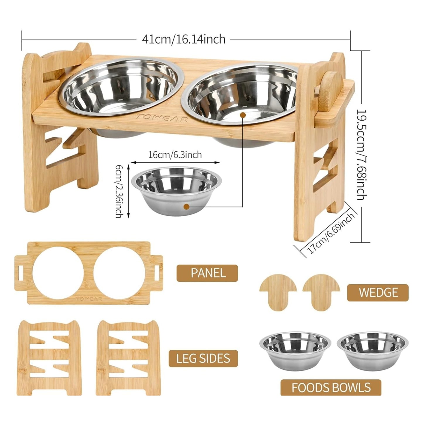 Gamelles Surélevées pour Chiens & Chats – Support en Bois Réglable avec 2 Bols Inox