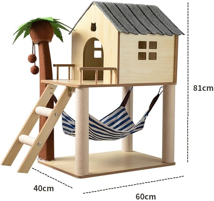 Wooden Cat Tree with House, Hammock & Sisal Scratching Post