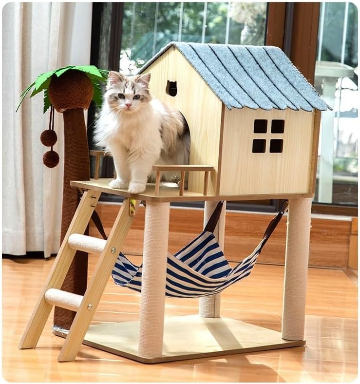 Wooden Cat Tree with House, Hammock & Sisal Scratching Post