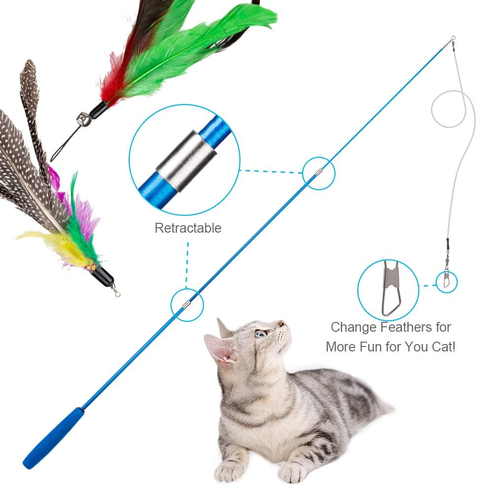 Jouet interactif pour chat avec tige télescopique et 3 plumes