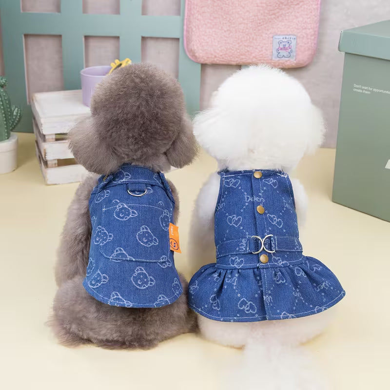 Dog Denim Dress – Heart Print Summer Outfit with Leash Attachment