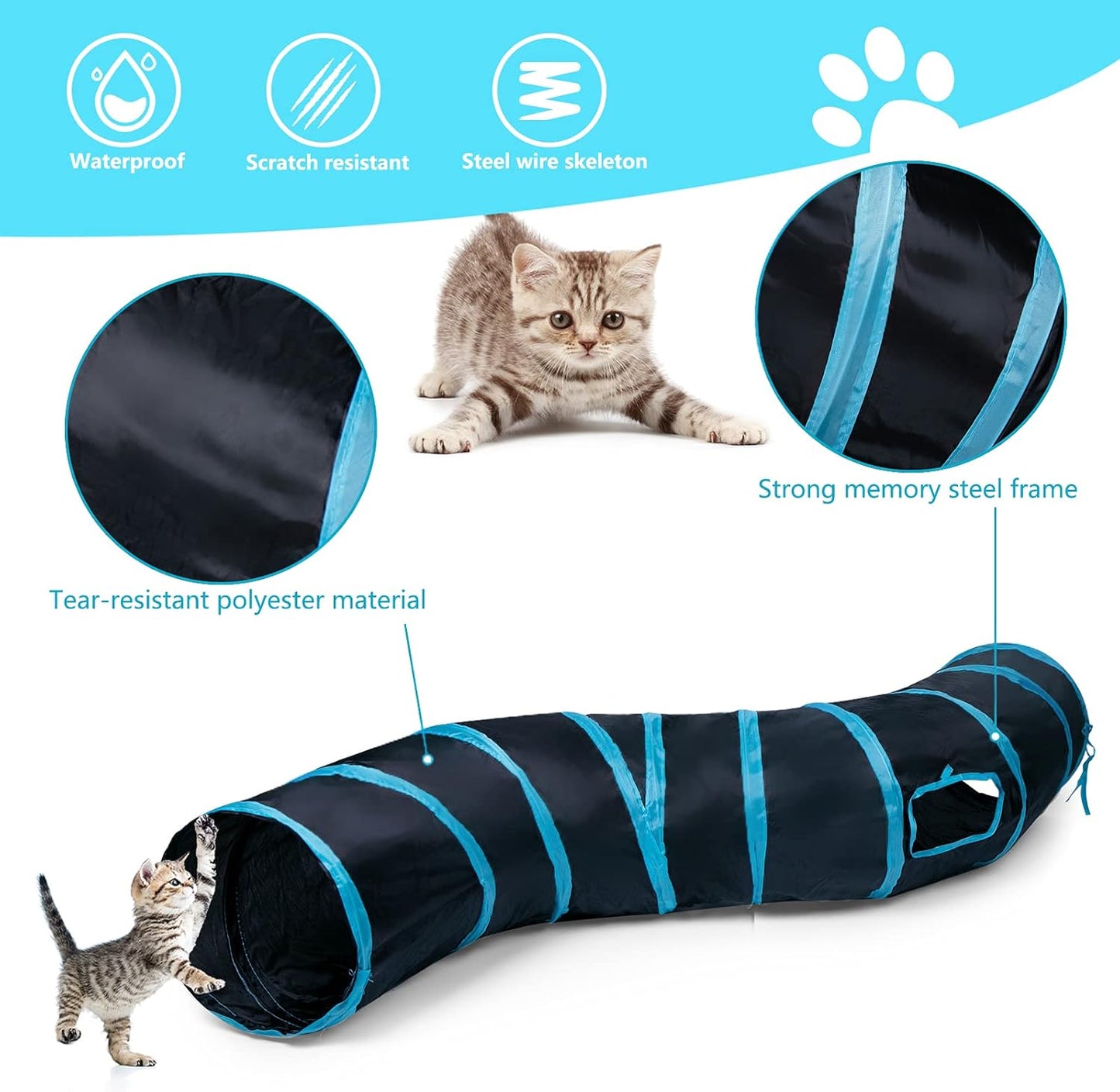 Tunnel interactif en forme de S pour chat avec jouet à balle suspendue