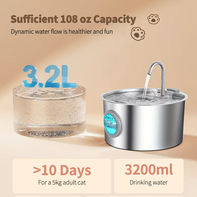 Fontaine à Eau pour Animaux en Inox – Distributeur 3,2 L Silencieux
