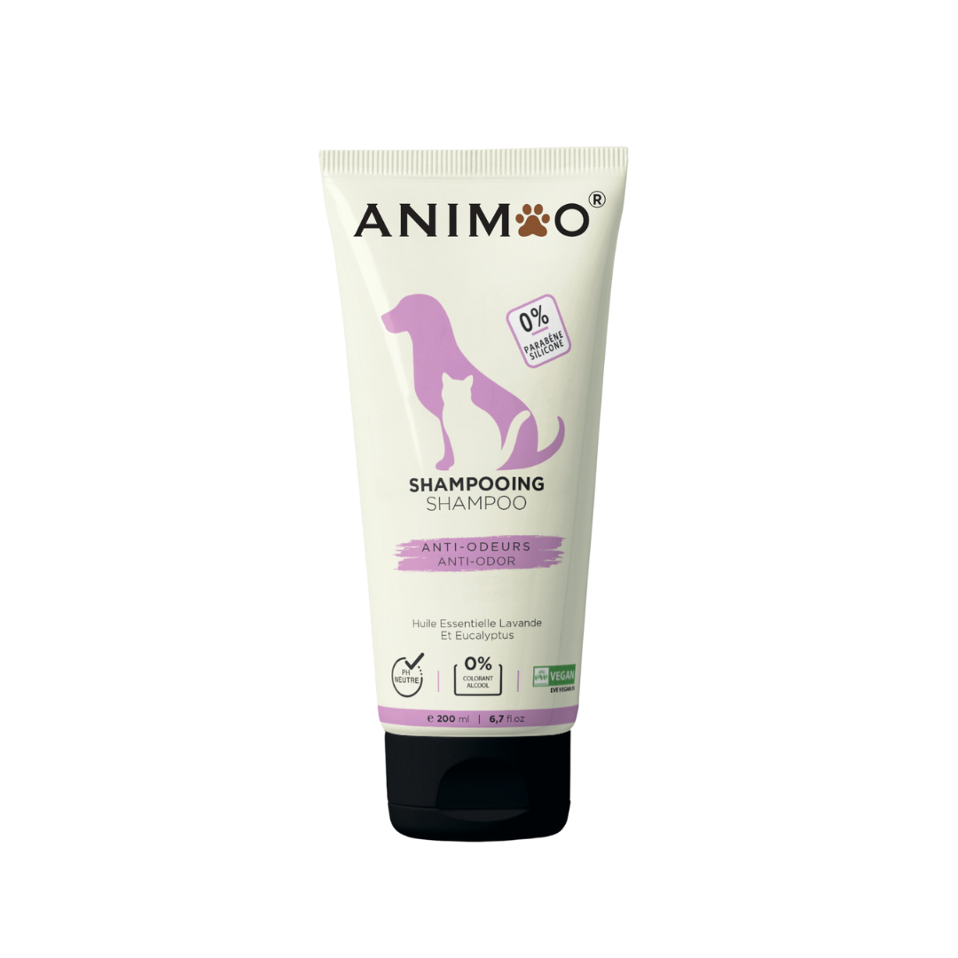 Shampoing Animoo – 200ml (Anti-Odeur / Anti-Démangeaisons / Poils Blancs / Poils Noirs / Tous Types de Poils)