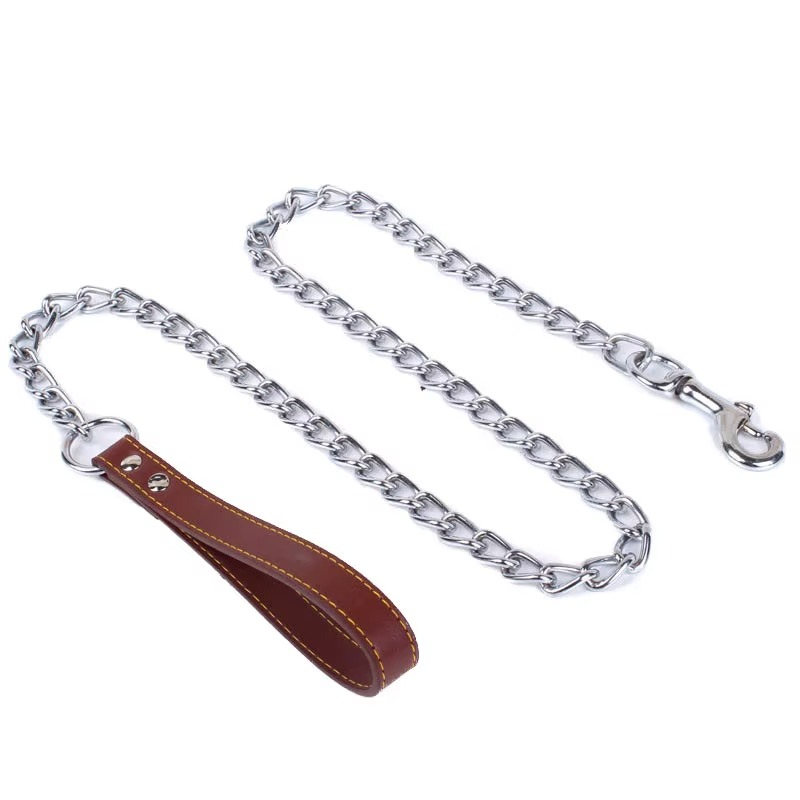 Laisse pour chien en métal durable – Chaîne en fer avec poignée en cuir synthétique