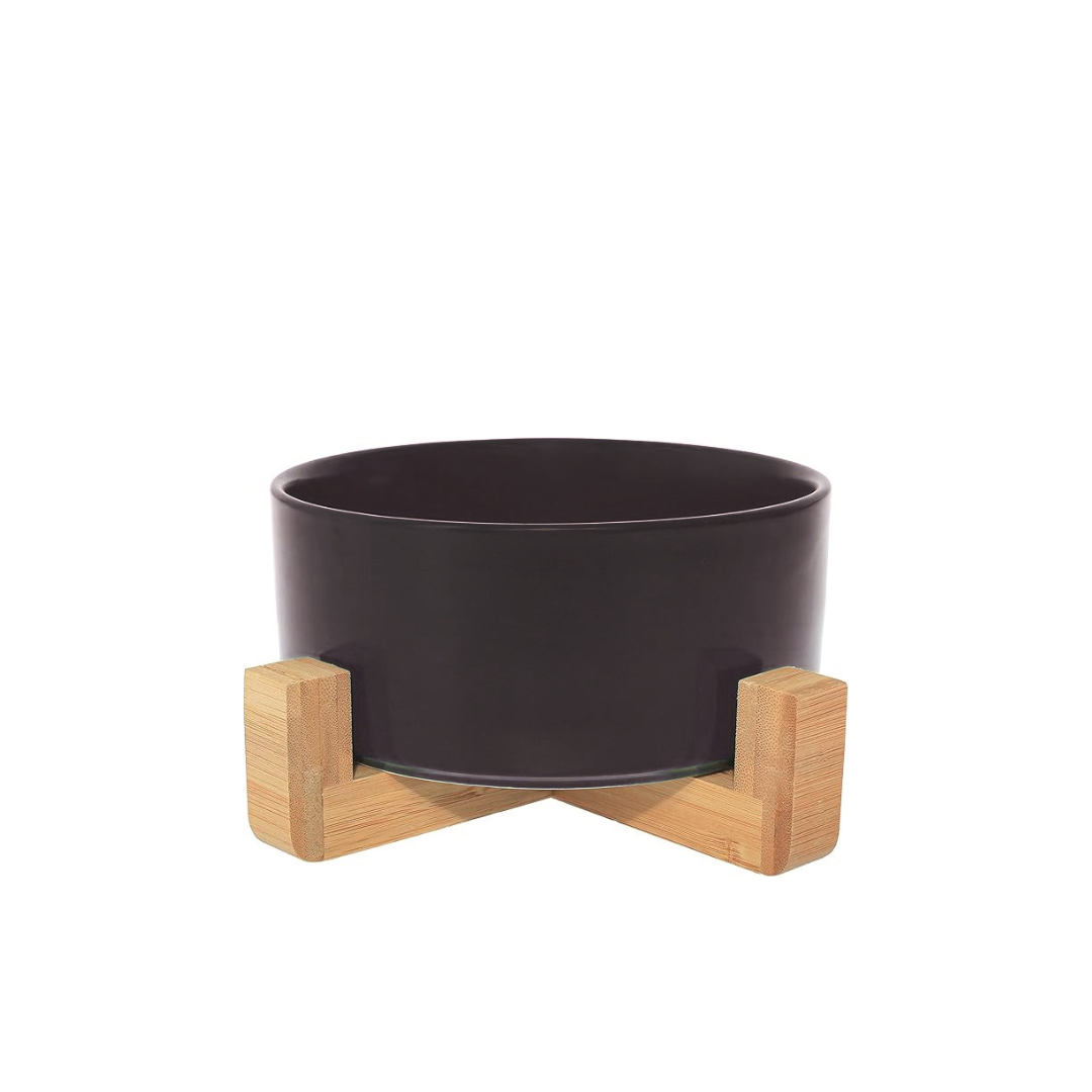 Ceramic Pet Bowl with Wooden Stand – Elevated Feeding Bowl