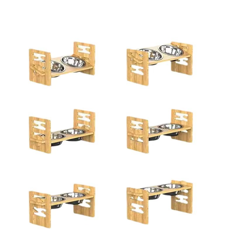 Gamelles Surélevées pour Chiens & Chats – Support en Bois Réglable avec 2 Bols Inox