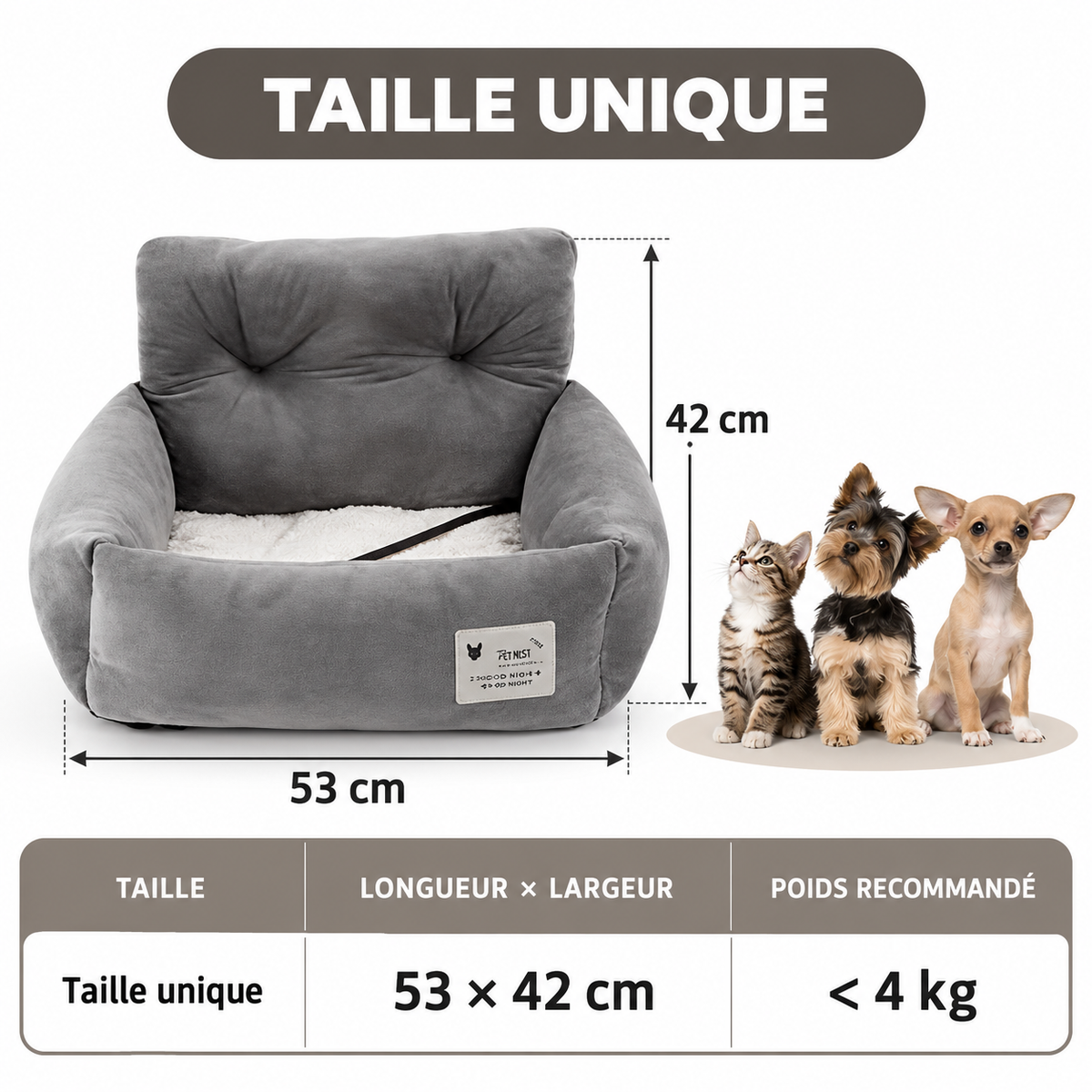 Siège Auto pour Chien et Chat avec Coussin – 53 × 38 × 30 cm