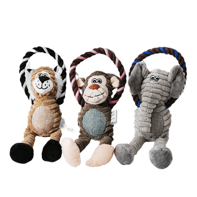 Jouets pour chiens à mâcher couineurs - Éléphant, Tigre, Singe