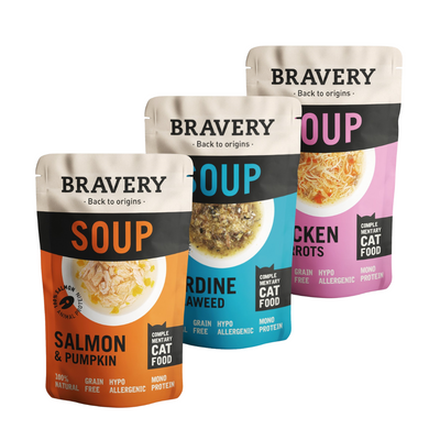 Soupe Bravery – Friandise gourmande naturelle pour chats (sachets de 40 g) | Sans céréales, 100 % naturelle et hypoallergénique