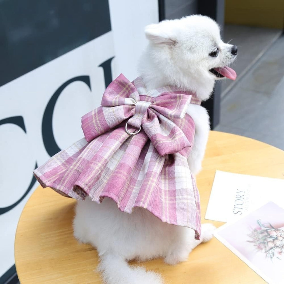 Plaid Dog Dress Harness with Bow – Adjustable & Breathable