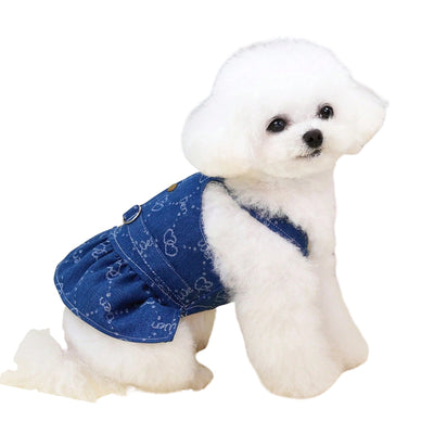 Dog Denim Dress – Heart Print Summer Outfit with Leash Attachment