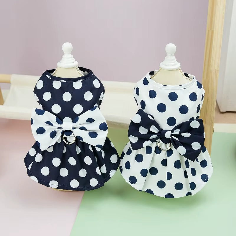 Polka Dot Dog Dress with Harness – Bow Summer Outfit for Small Dogs