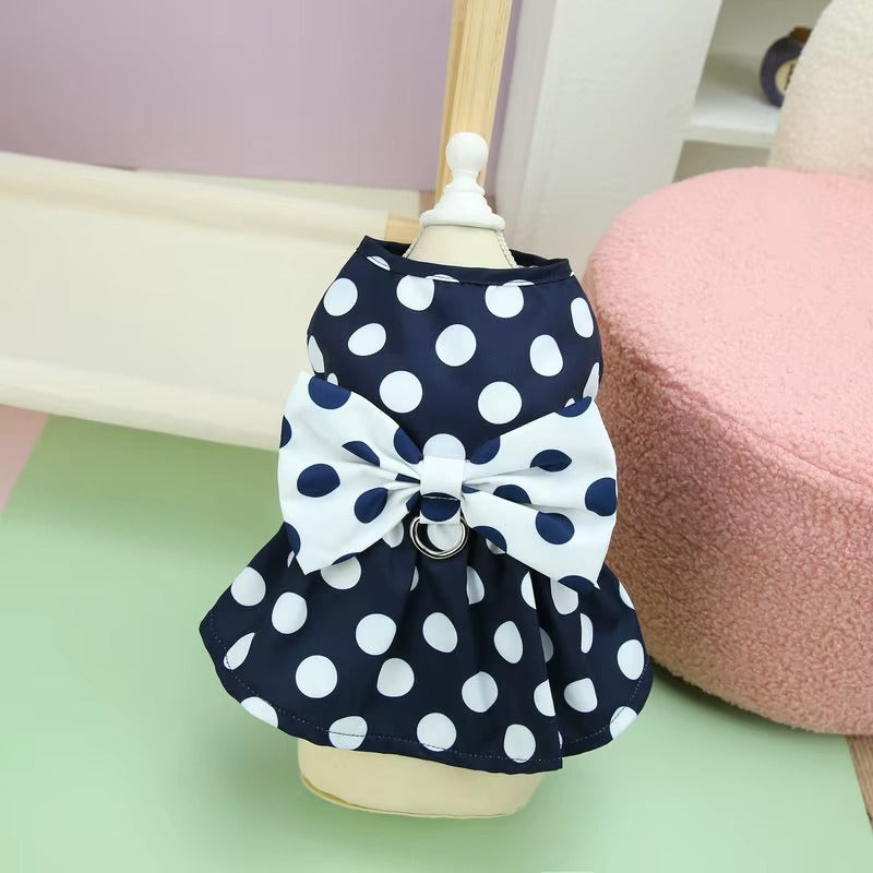 Polka Dot Dog Dress with Harness – Bow Summer Outfit for Small Dogs