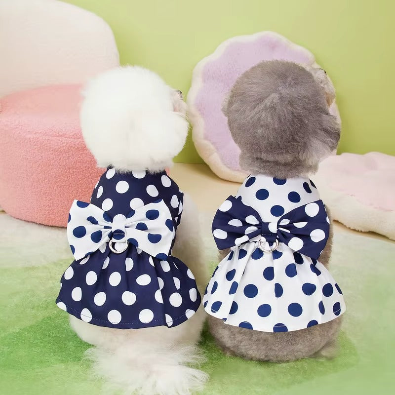 Polka Dot Dog Dress with Harness – Bow Summer Outfit for Small Dogs
