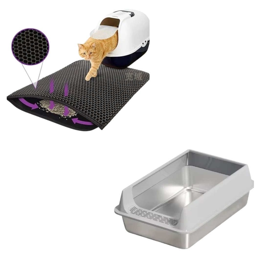 Pack Bac à Litière en Inox + Tapis de Litière pour Chat