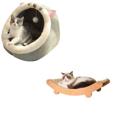 Cat Cave Bed + Wooden Scratching Lounge