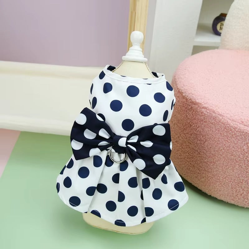 Polka Dot Dog Dress with Harness – Bow Summer Outfit for Small Dogs